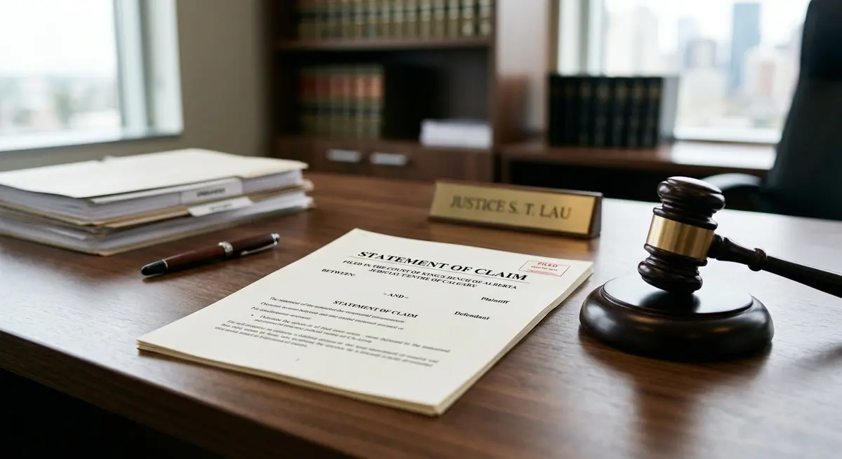 A legal document titled Statement of Claim sitting on a desk next to a judge's gavel, representing the start of the Alberta foreclosure process