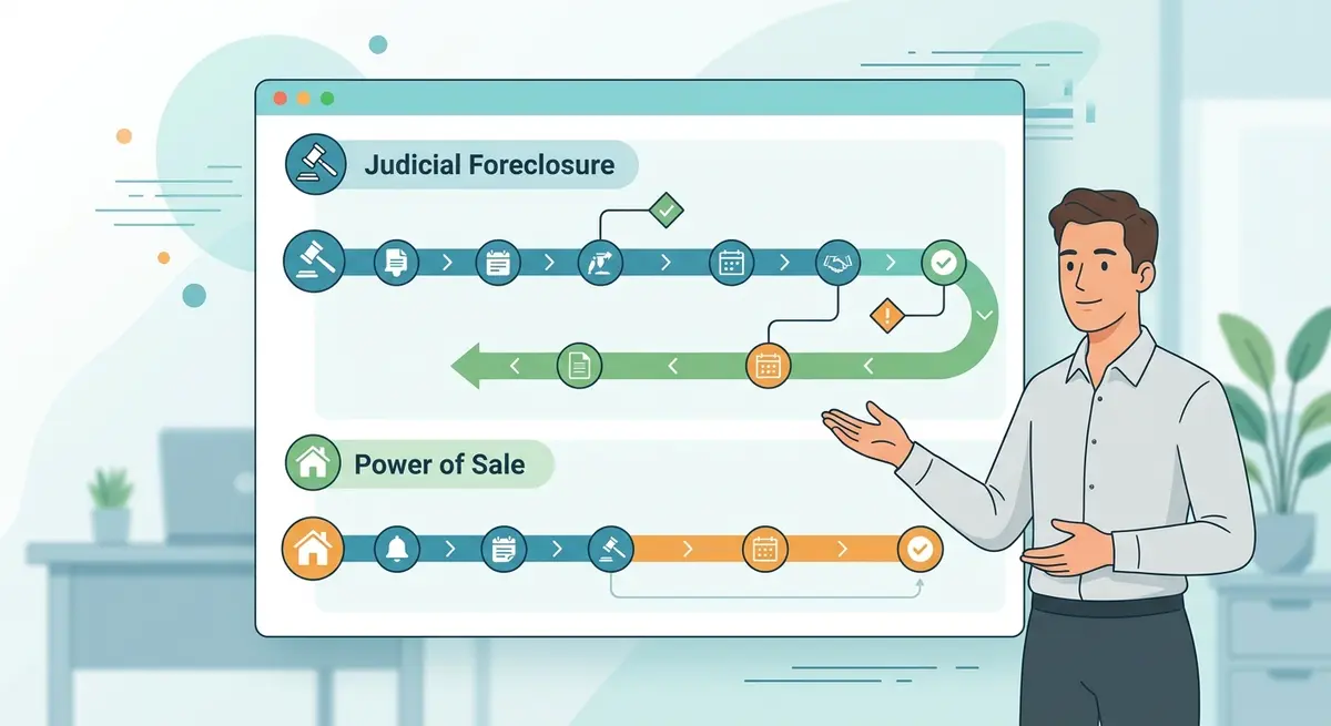 A comparison chart showing the differences between Judicial Foreclosure and Power of Sale timelines in Alberta