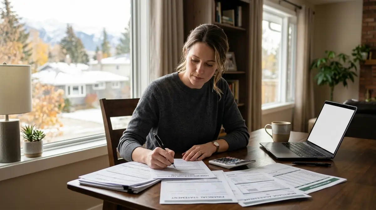 A Calgary homeowner reviewing financial documents and loan modification options at a dining table