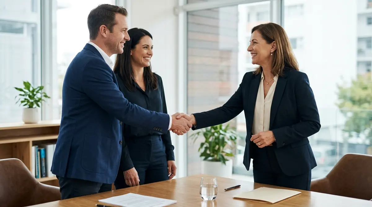 A couple shaking hands with a financial advisor after successfully negotiating a deed in lieu agreement