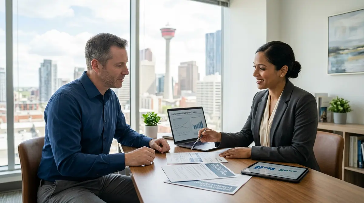 Homeowner consulting with a financial advisor to stop foreclosure proceedings in Calgary