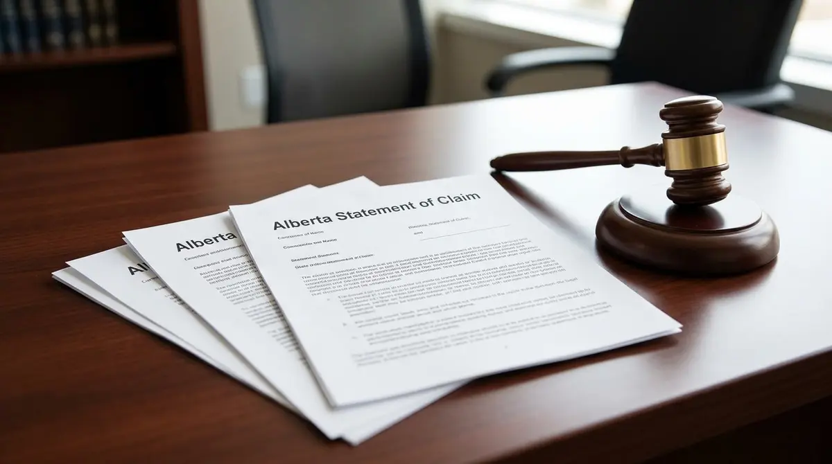 Legal documents including an Alberta Statement of Claim resting on a desk with a judge's gavel