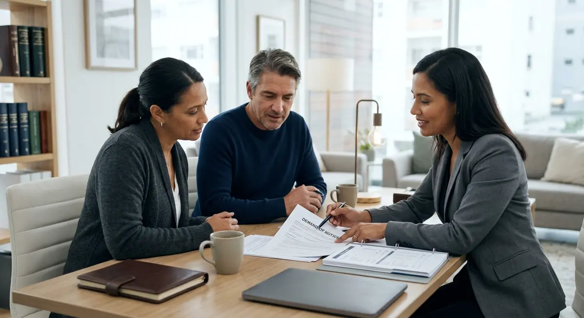 A homeowner reviewing financial documents and a Demand of Notice with their real estate lawyer