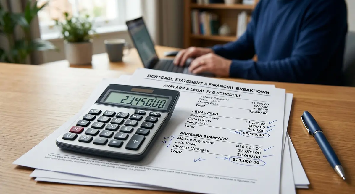 A calculator resting on mortgage documents showing the financial breakdown of legal fees and arrears