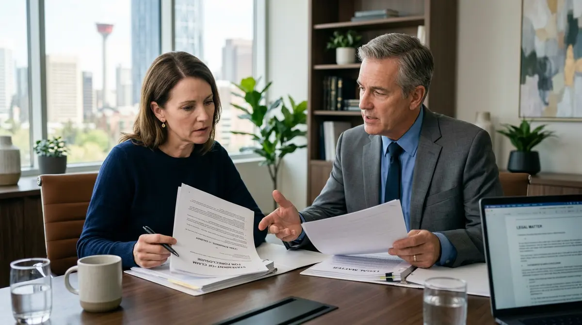 Calgary homeowner reviewing foreclosure legal documents with a real estate lawyer