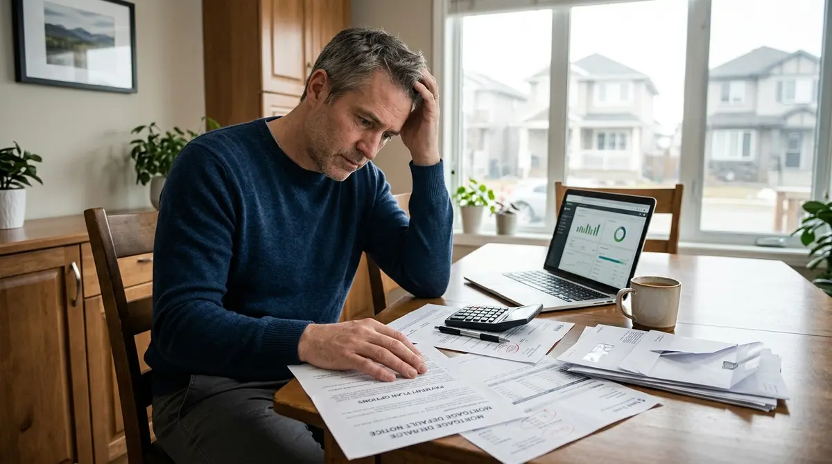 A Calgary homeowner reviewing mortgage default documents and financial statements at a dining table
