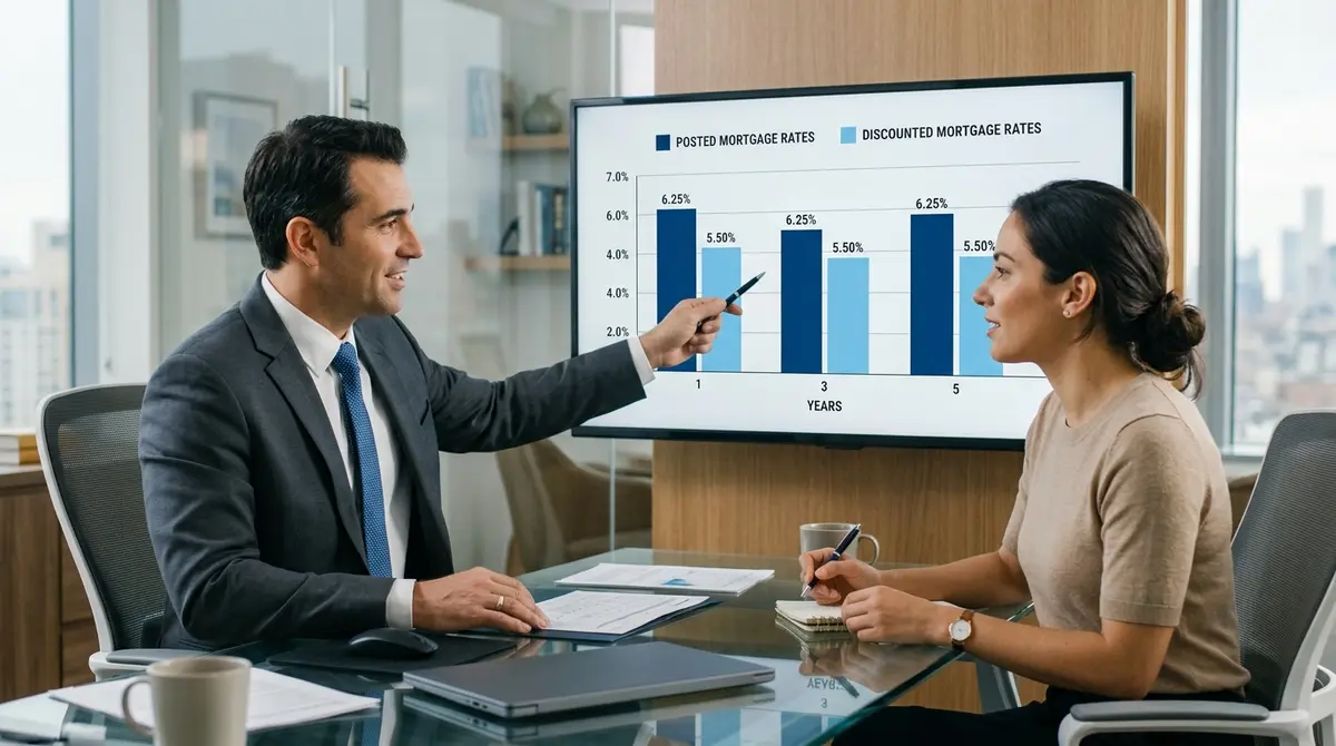 A financial advisor pointing at a chart comparing posted mortgage rates versus discounted rates for a client