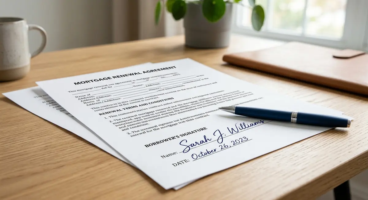 A close-up of a signed mortgage renewal contract with a pen resting on the document