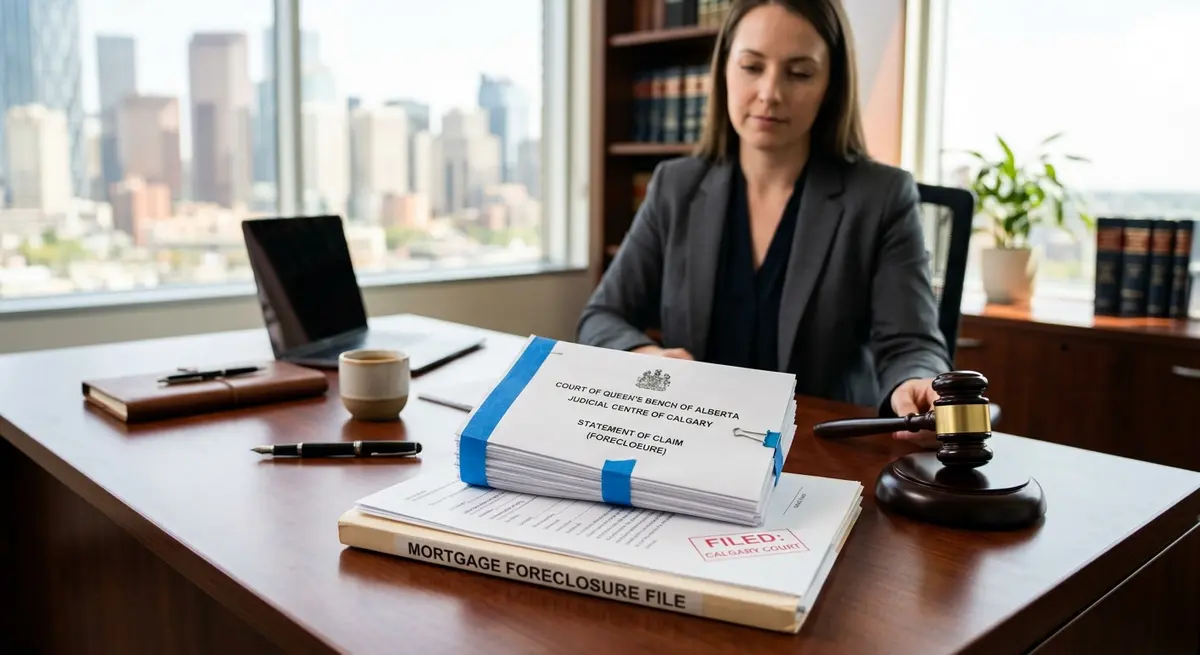 Legal documents and a gavel representing the Calgary foreclosure Statement of Claim process