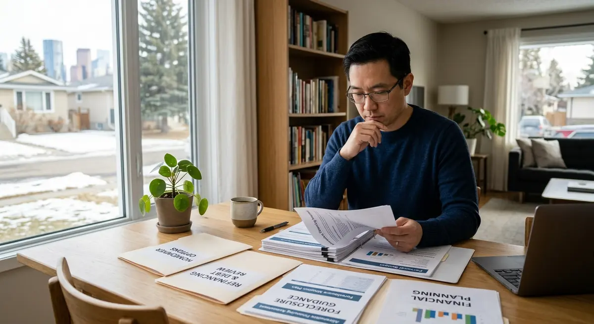 Calgary homeowner reviewing foreclosure defense options and alternative financing paperwork