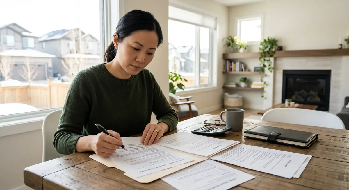 Calgary homeowner reviewing legal documents related to secured and unsecured debt
