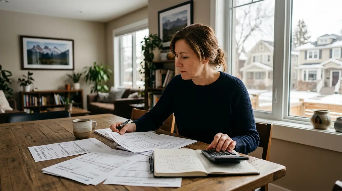 A Calgary homeowner reviewing financial documents and bank statements at a dining table to calculate mortgage arrears