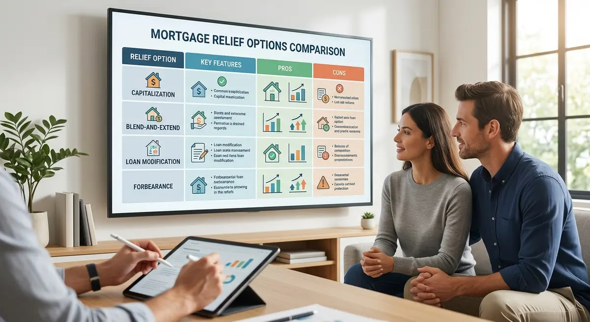 A detailed comparison chart showing different mortgage relief options including capitalization and blend-and-extend
