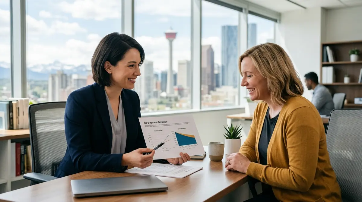 A professional mortgage advisor in a Calgary office explaining a repayment strategy to a relieved homeowner