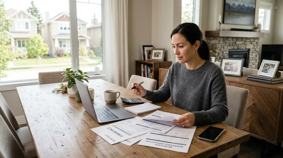Calgary homeowner reviewing financial documents and mortgage assistance applications at a dining table