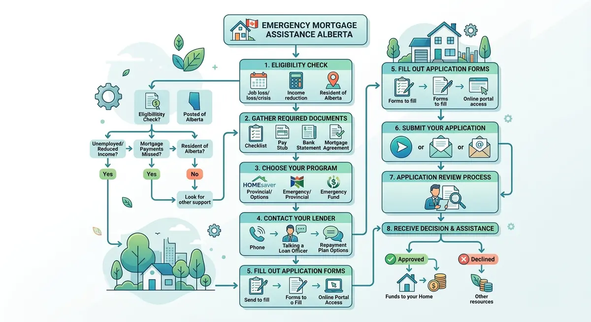 Step by step flowchart showing the emergency mortgage assistance application process in Alberta