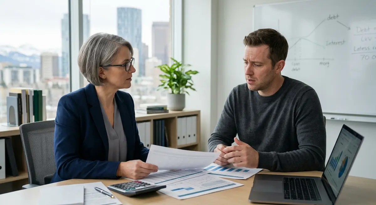 Financial advisor discussing mortgage restructuring options with a stressed Calgary homeowner