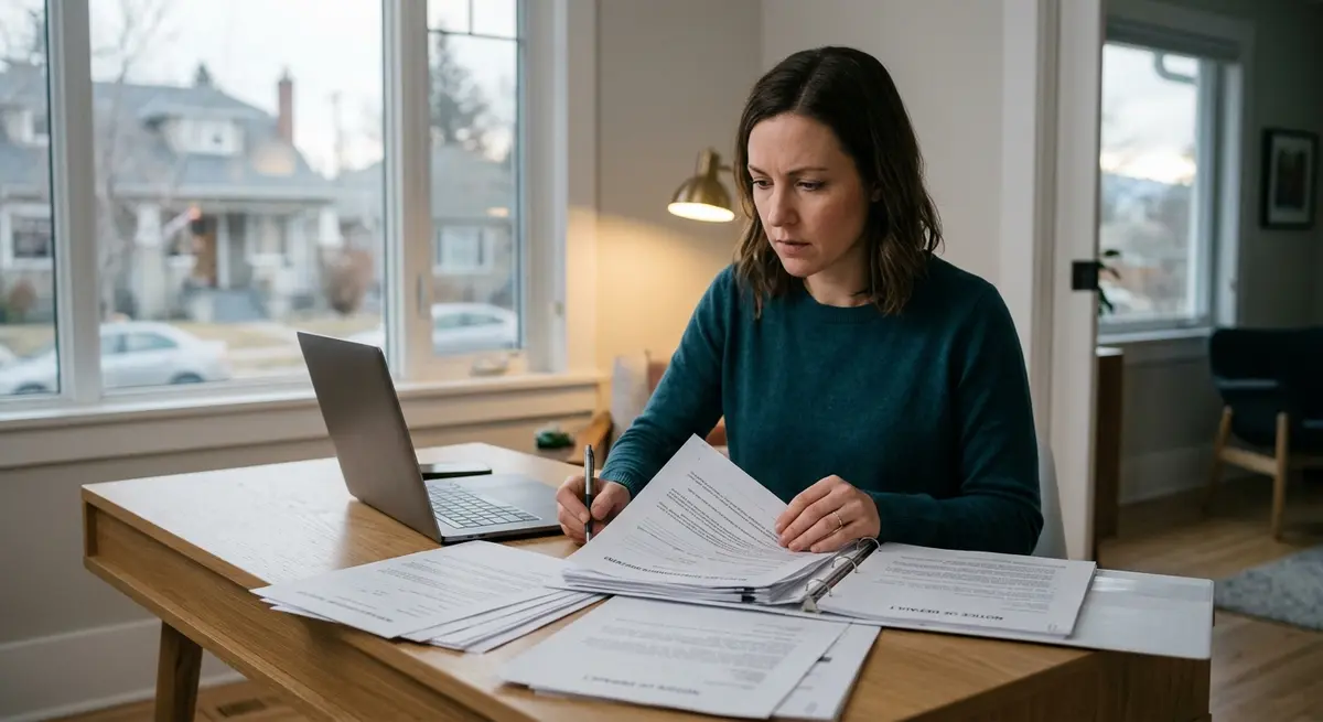 Calgary homeowner reviewing legal foreclosure documents and mortgage reinstatement paperwork at a desk