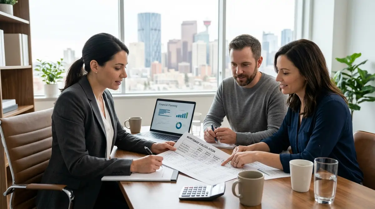 Financial advisor helping a Calgary family calculate their mortgage arrears and repayment plan