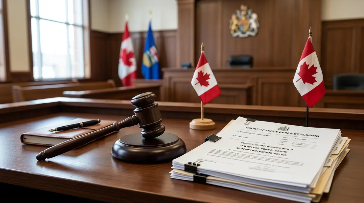Gavel and legal documents representing the Alberta Court of King's Bench foreclosure redemption period