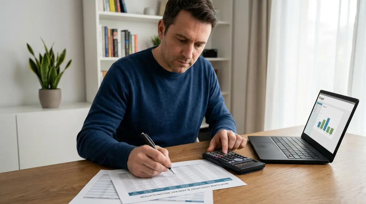 Homeowner reviewing financial documents and calculating mortgage arrears