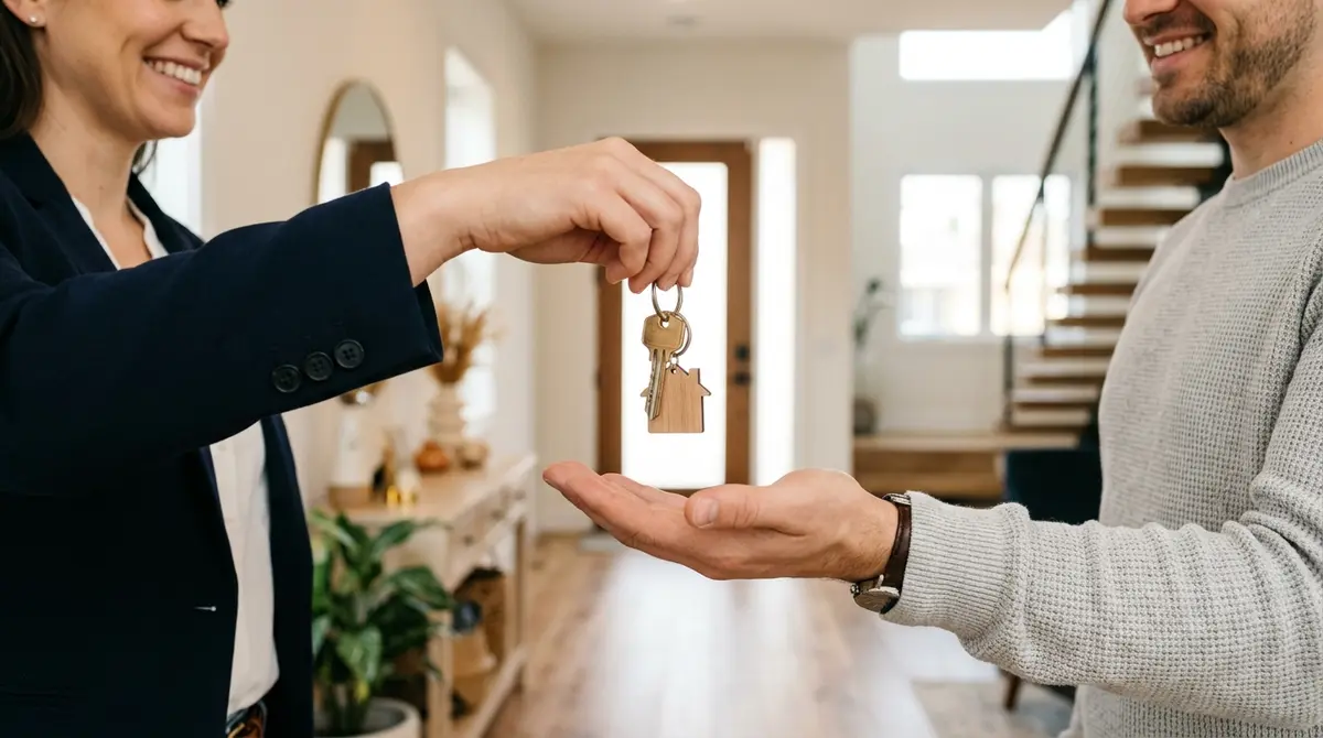 Handing over house keys representing the transfer of property ownership