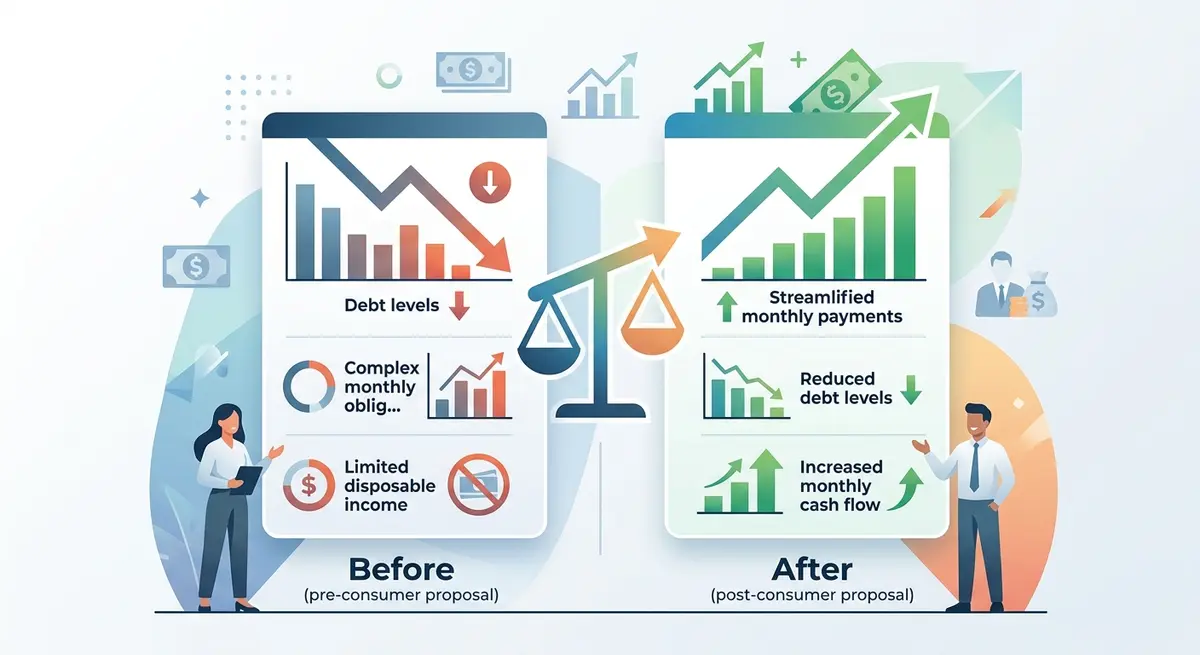 A comparison chart showing monthly cash flow improvements after filing a consumer proposal in Alberta