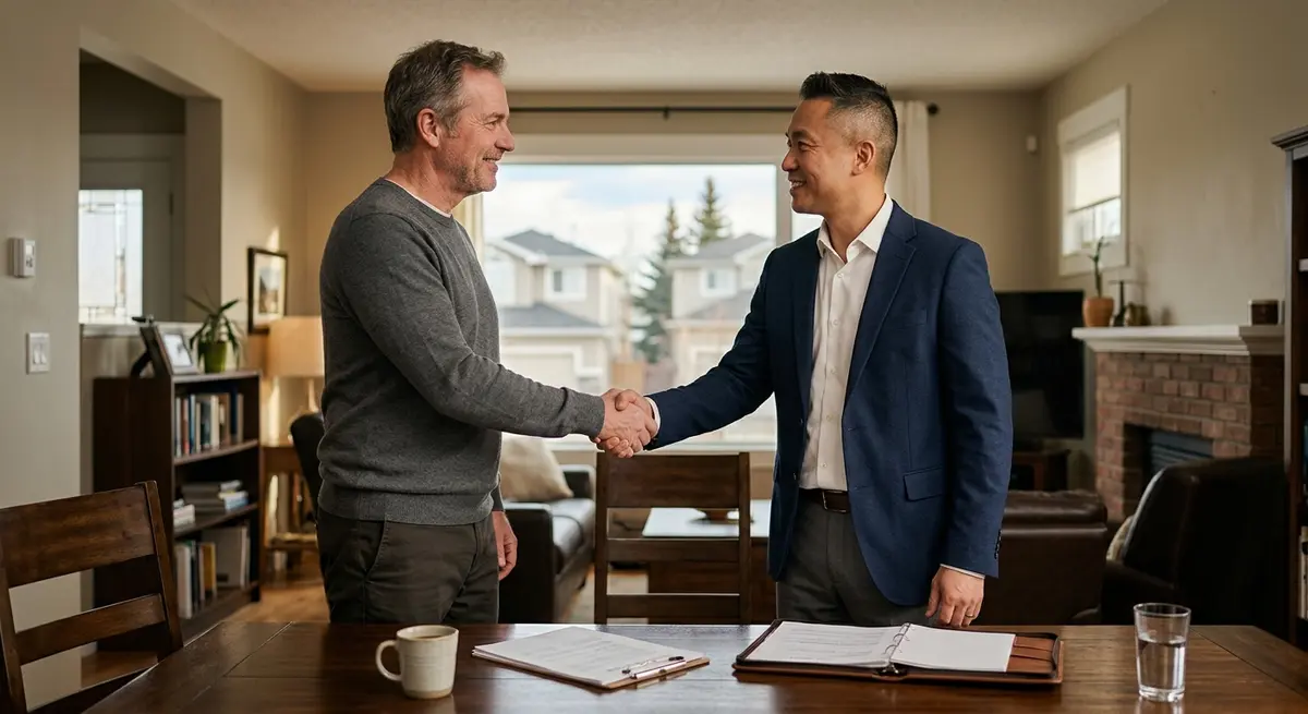 Calgary homeowner shaking hands with a financial advisor after successfully avoiding foreclosure through debt restructuring