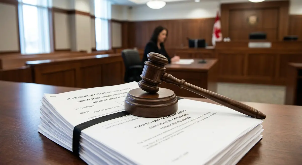 Gavel and legal documents representing the judicial foreclosure process in an Alberta courtroom