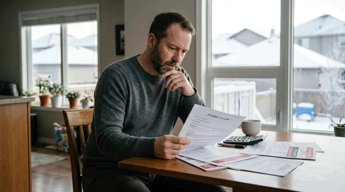 Calgary homeowner reviewing a statement of claim and foreclosure redemption period documents