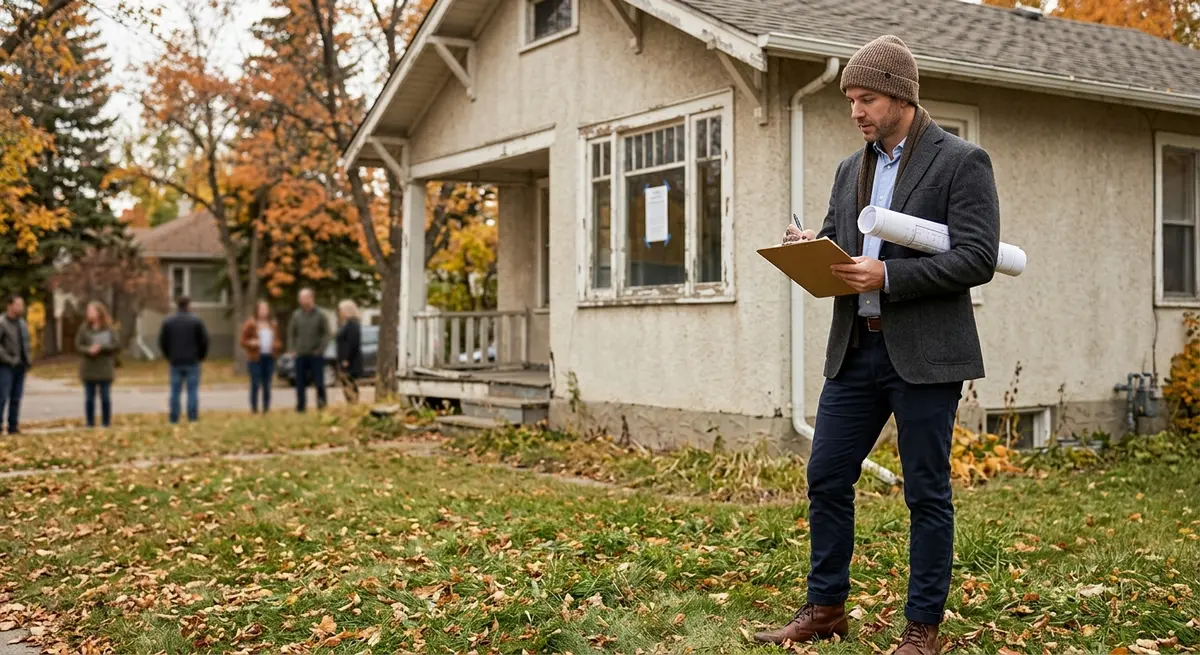 Real estate investor analyzing a distressed property during an Alberta judicial sale