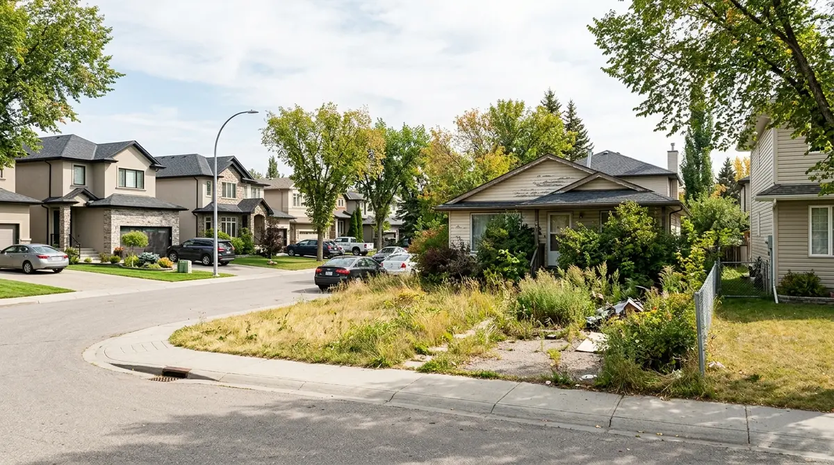 A Calgary residential street showing a mix of well-maintained homes and one property with overgrown landscaping, indicating potential pre-foreclosure status.