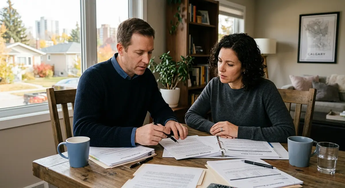 A real estate investor and a distressed homeowner reviewing legal documents and mortgage statements at a dining room table in Calgary.