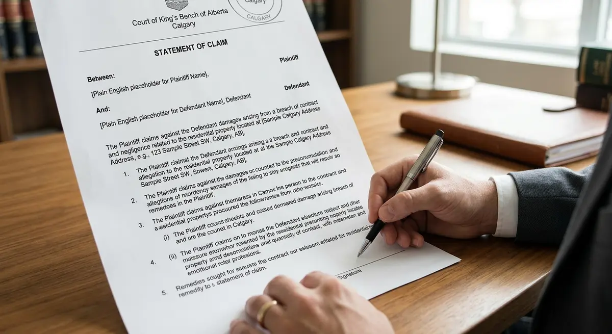 A close-up of a Calgary Court of King's Bench legal document outlining a Statement of Claim for a residential property.