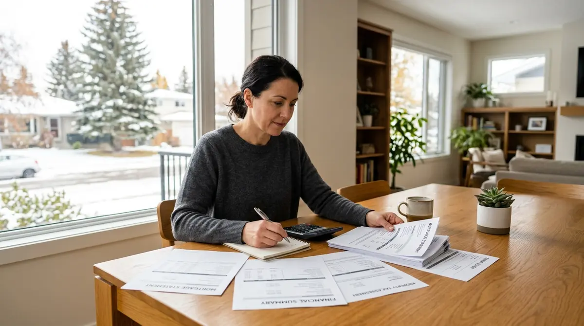 Calgary homeowner reviewing financial documents and mortgage statements at a dining table