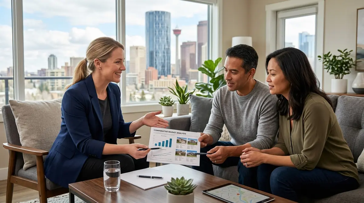 Real estate agent explaining the comparative market analysis to a Calgary homeowner
