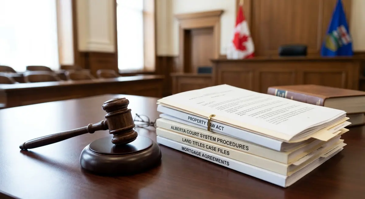 Gavel and legal documents representing the Alberta court system and property law