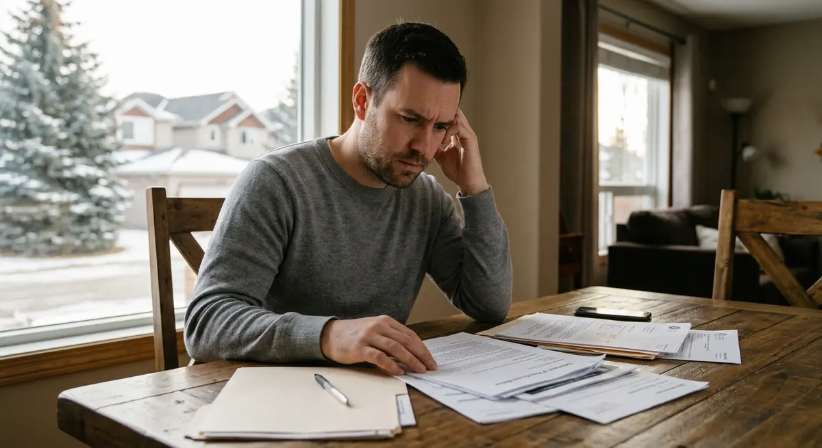 A Calgary homeowner reviewing foreclosure legal documents and mortgage statements at a dining table