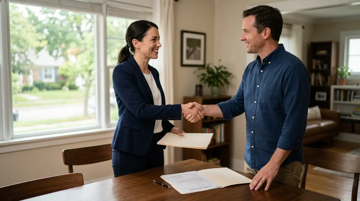 Real estate agent and homeowner shaking hands after successfully signing a listing agreement to stop foreclosure