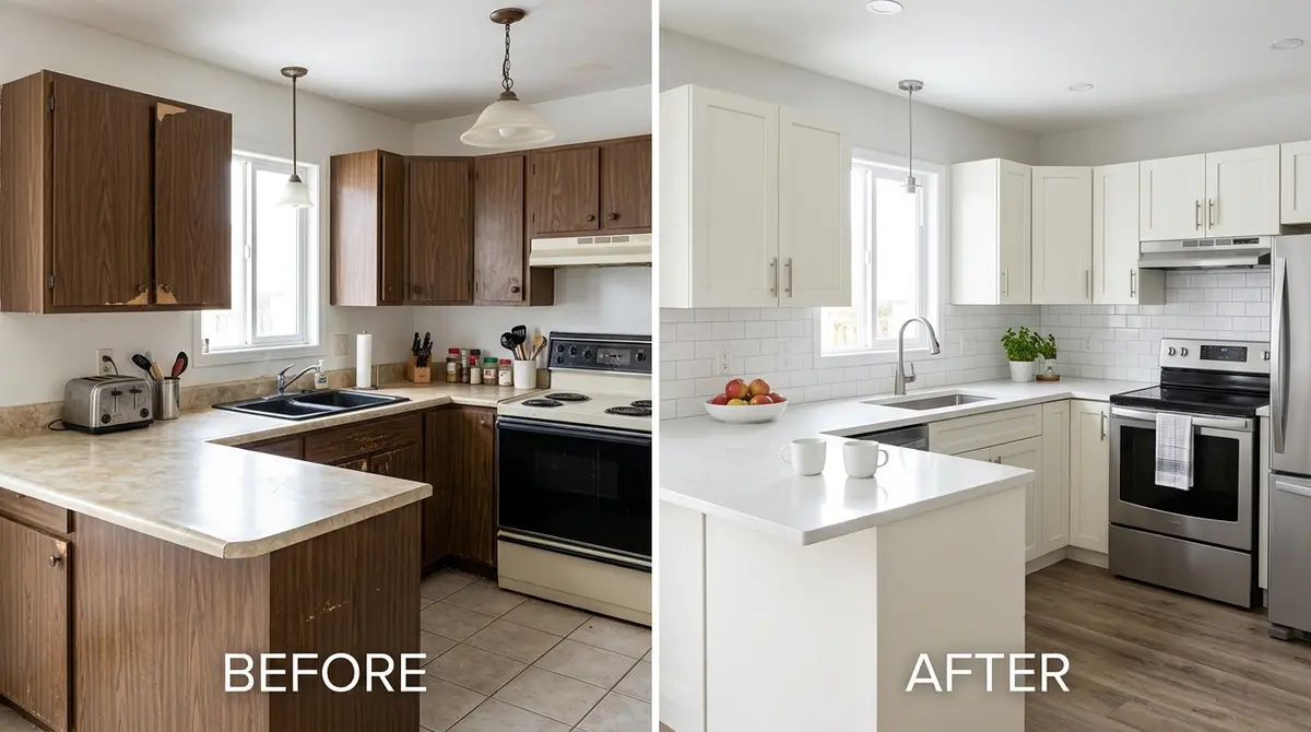 Before and after comparison of a cost-effective kitchen upgrade designed to increase home value quickly