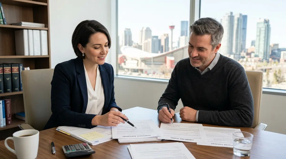 Legal professional reviewing mortgage documents with a Calgary homeowner
