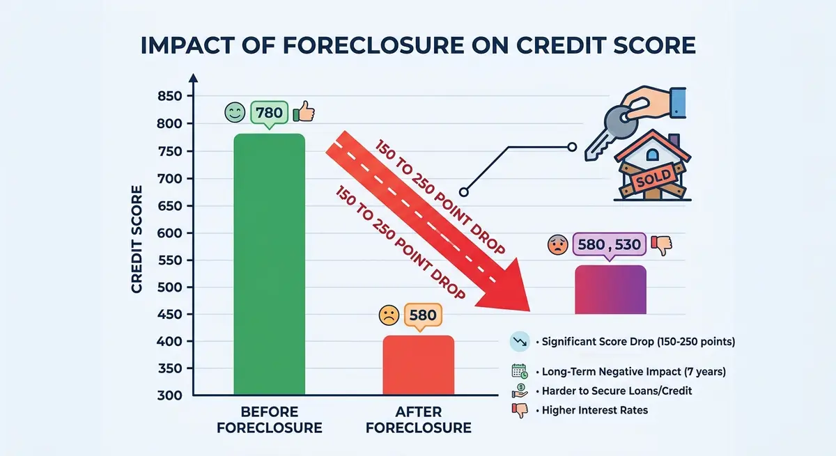 Graph illustrating the 150 to 250 point credit score drop following a foreclosure in Calgary