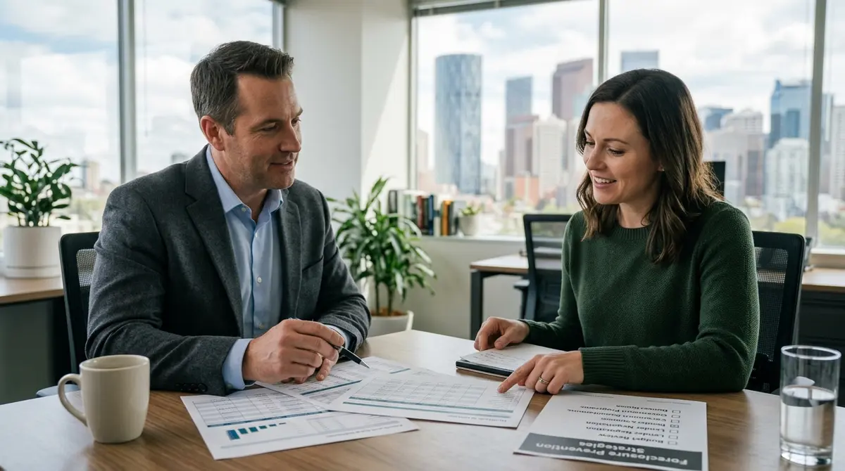 Homeowner consulting with a financial advisor to prevent foreclosure in Calgary