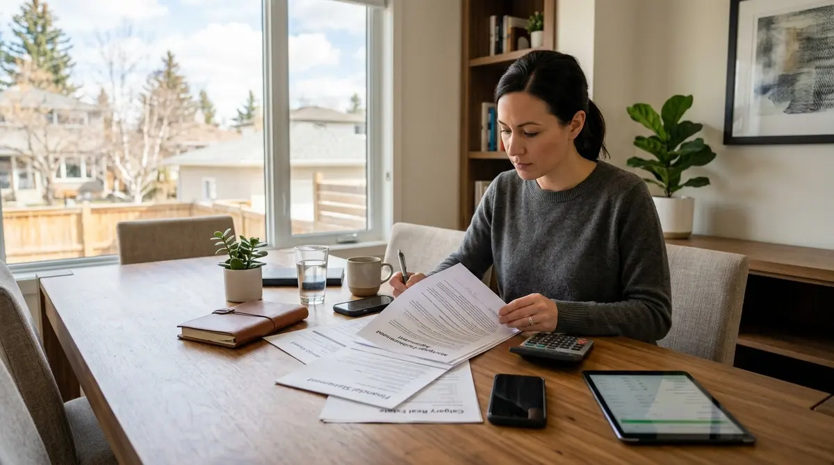 A Calgary homeowner reviewing mortgage forbearance documents and financial statements at a dining table