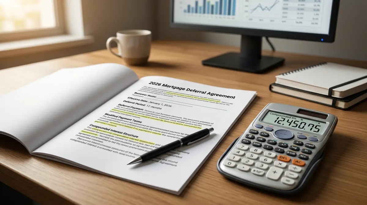A detailed view of a 2026 mortgage deferral agreement and a calculator showing compounded interest