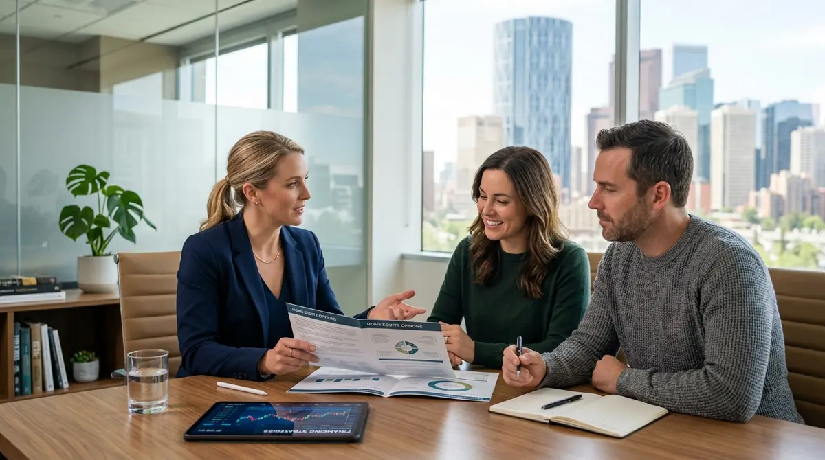 A financial advisor discussing alternative home equity financing options with a client in a modern Calgary office