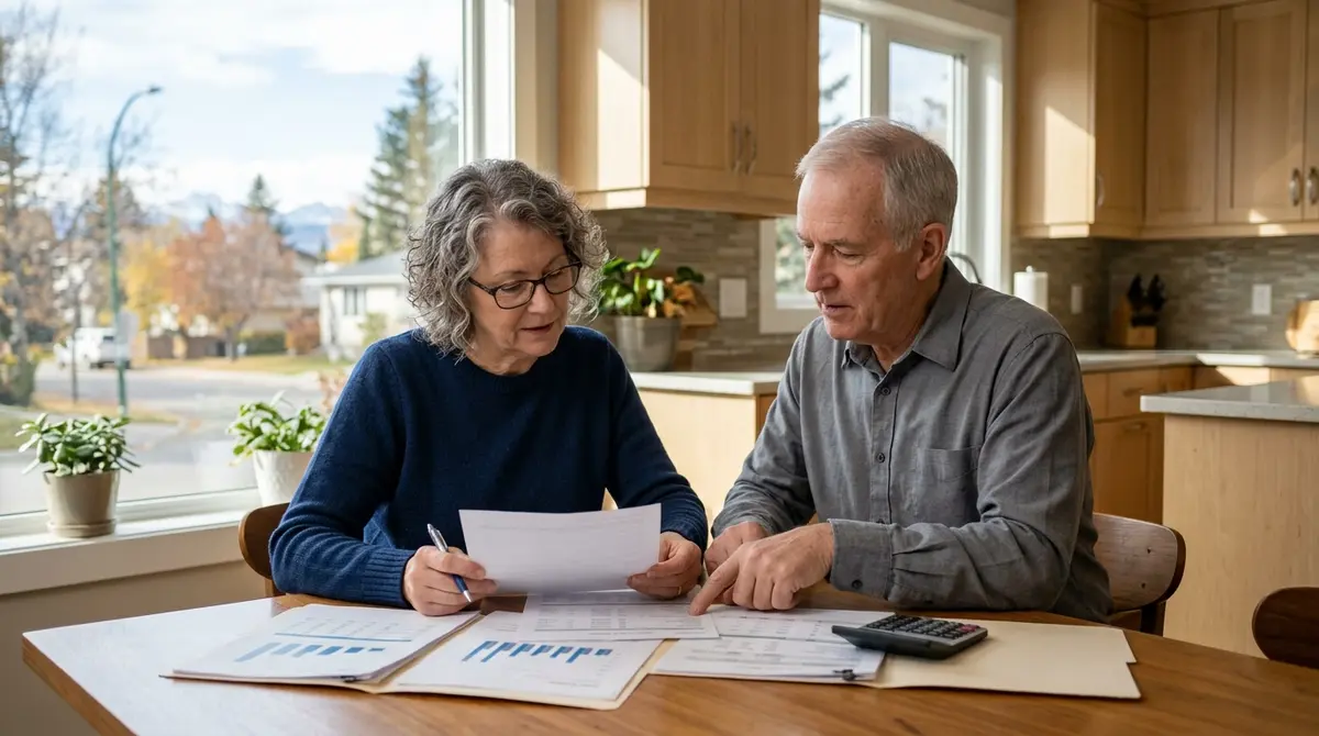 Calgary senior couple reviewing financial documents at their kitchen table