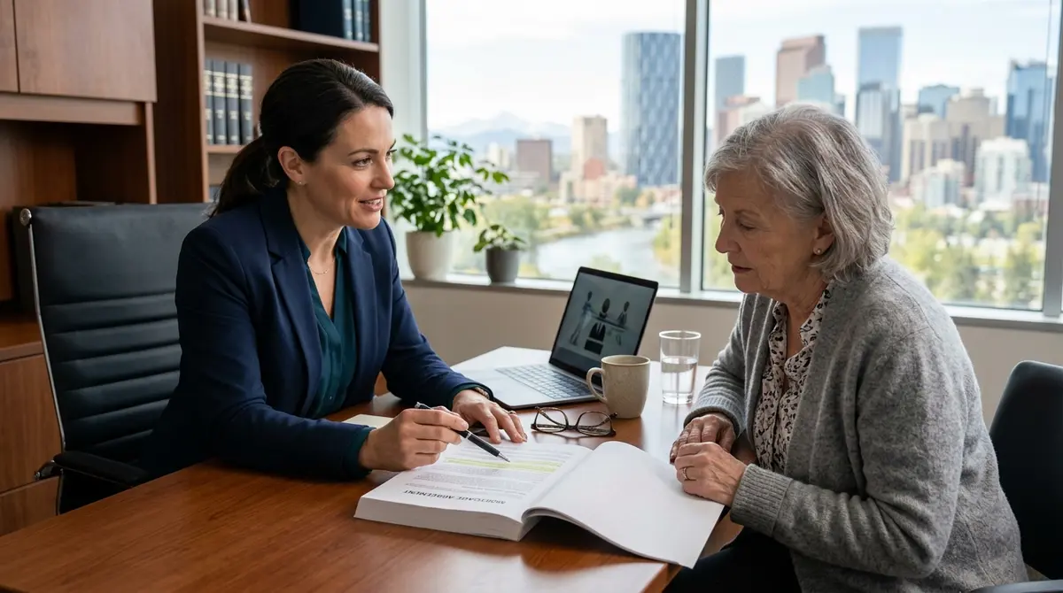 Calgary lawyer explaining mortgage contract terms to an elderly client