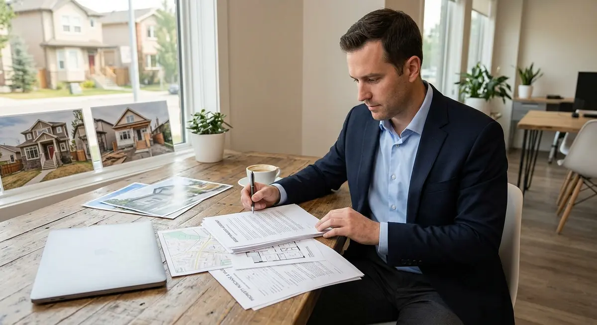 Calgary real estate investor reviewing bridge financing documents for a house flip
