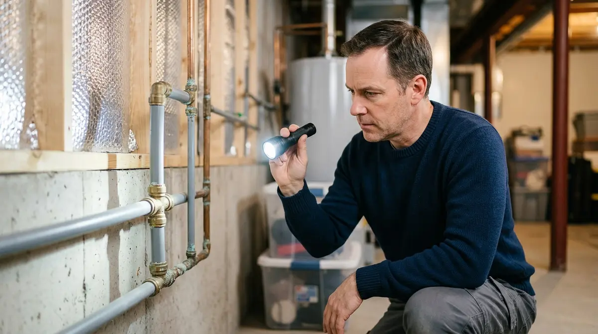 Calgary homeowner inspecting exposed Poly-B plumbing pipes in a residential basement